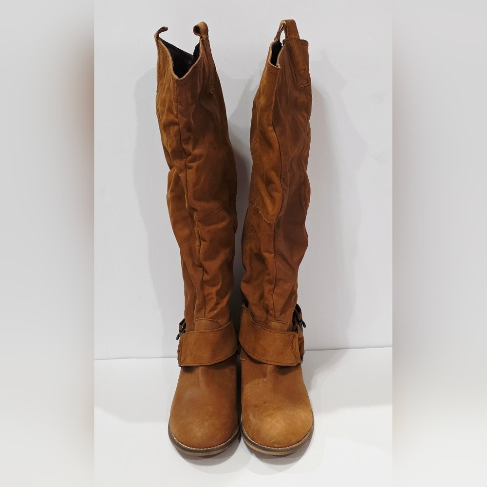 Steve Madden BANKKER Brown Suede Fabric Boot Tall Pull-On Riding Buckle 10 M New - Picture 3 of 16